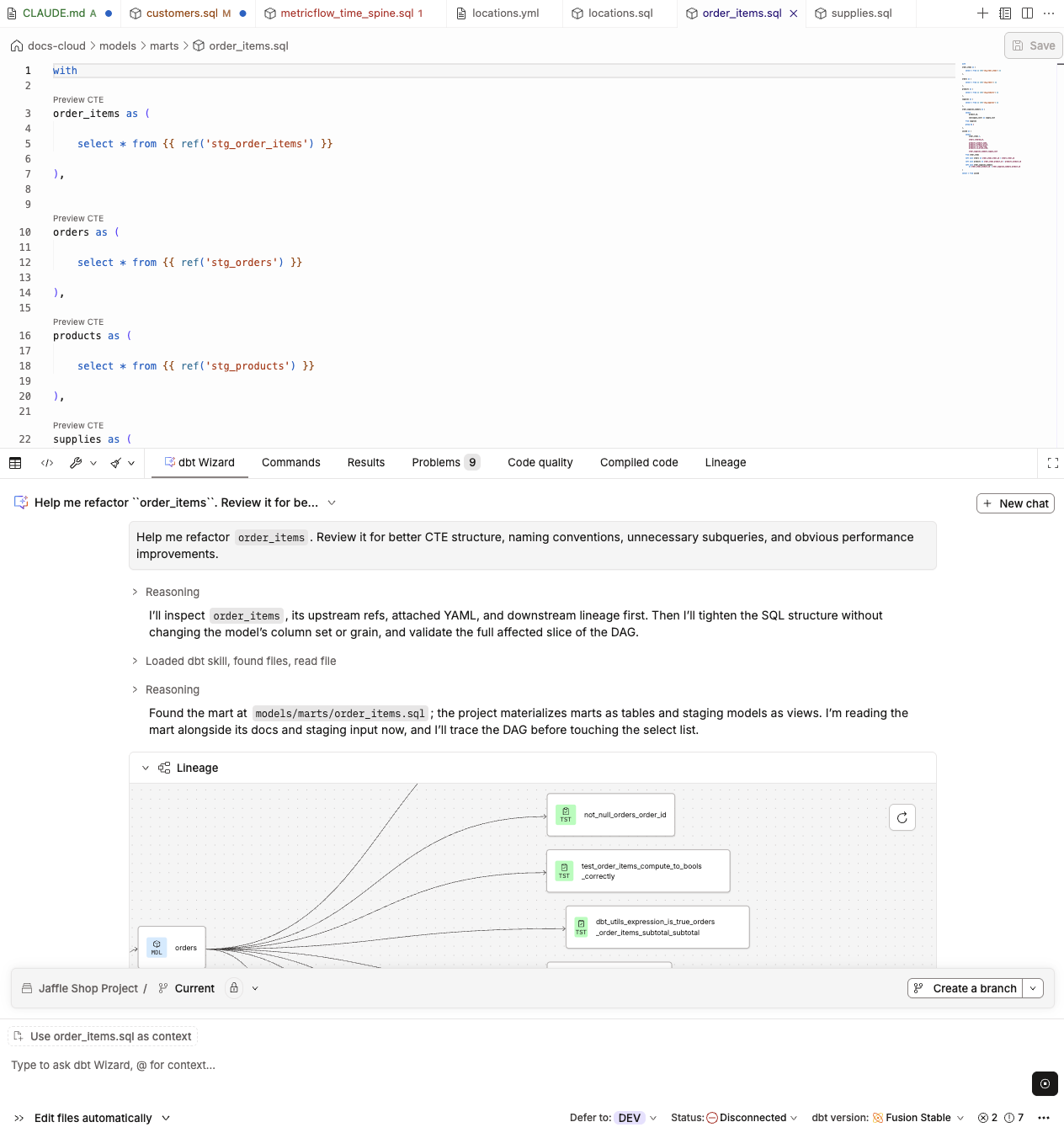 dbt Wizard refactoring a model and displaying the lineage inside the chat interface.